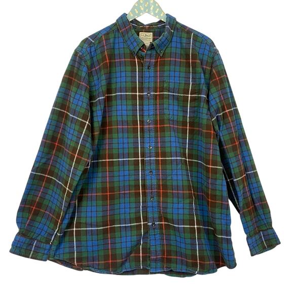 LL Bean Flannel Button Up Shirt Mens XL TALL Plaid Traditional Fit Blue Green - Picture 1 of 11